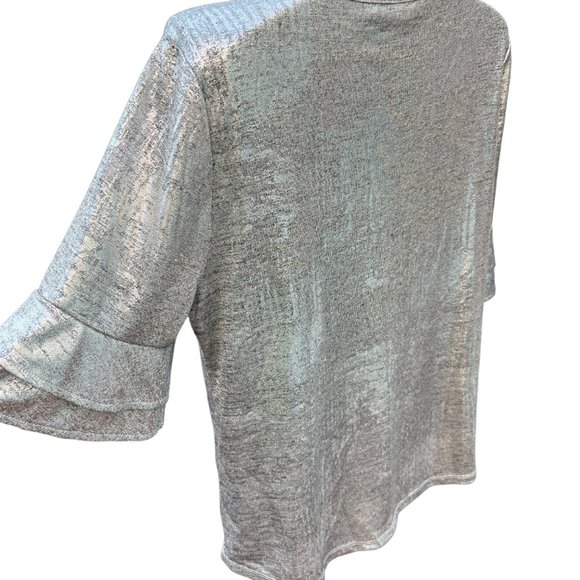 Seventh Ave Metalic Silver Blouse Half Ruffle Sleeve Polyester Blend Size L - Picture 3 of 7